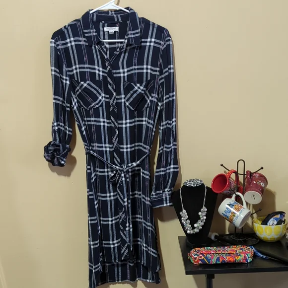 beach lunch lounge flannel dress beach lunch lounge Size L Black & Coral Orange Plaid Mini Shirtdress N
